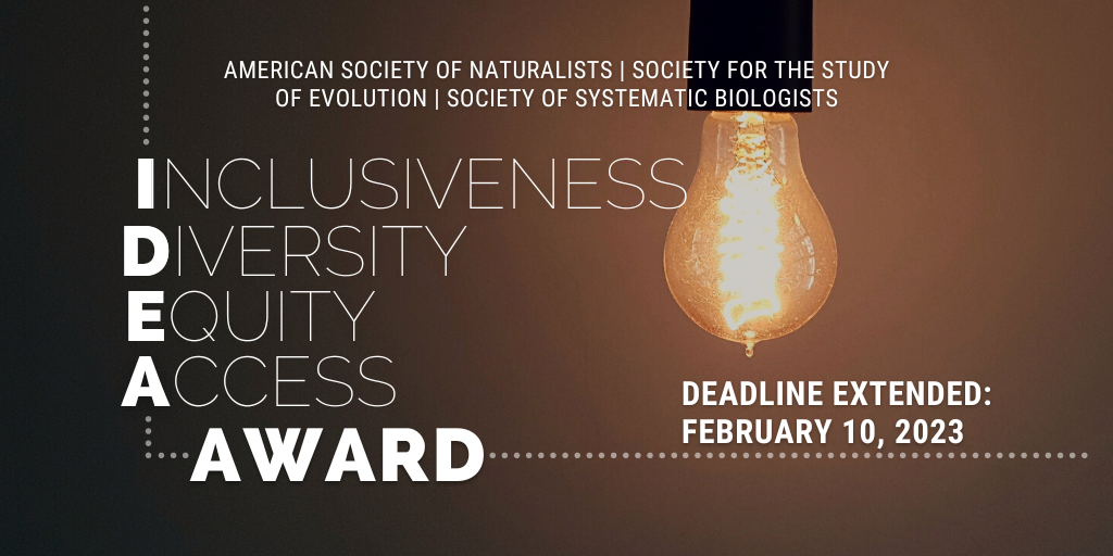 Header text: American Society of Naturalists, Society for the Study of Evolution, Society of Systematic Biologists. Below that, the words Inclusiveness, Diversity, Equity, and Access Award, with the first letters lined up to spell 